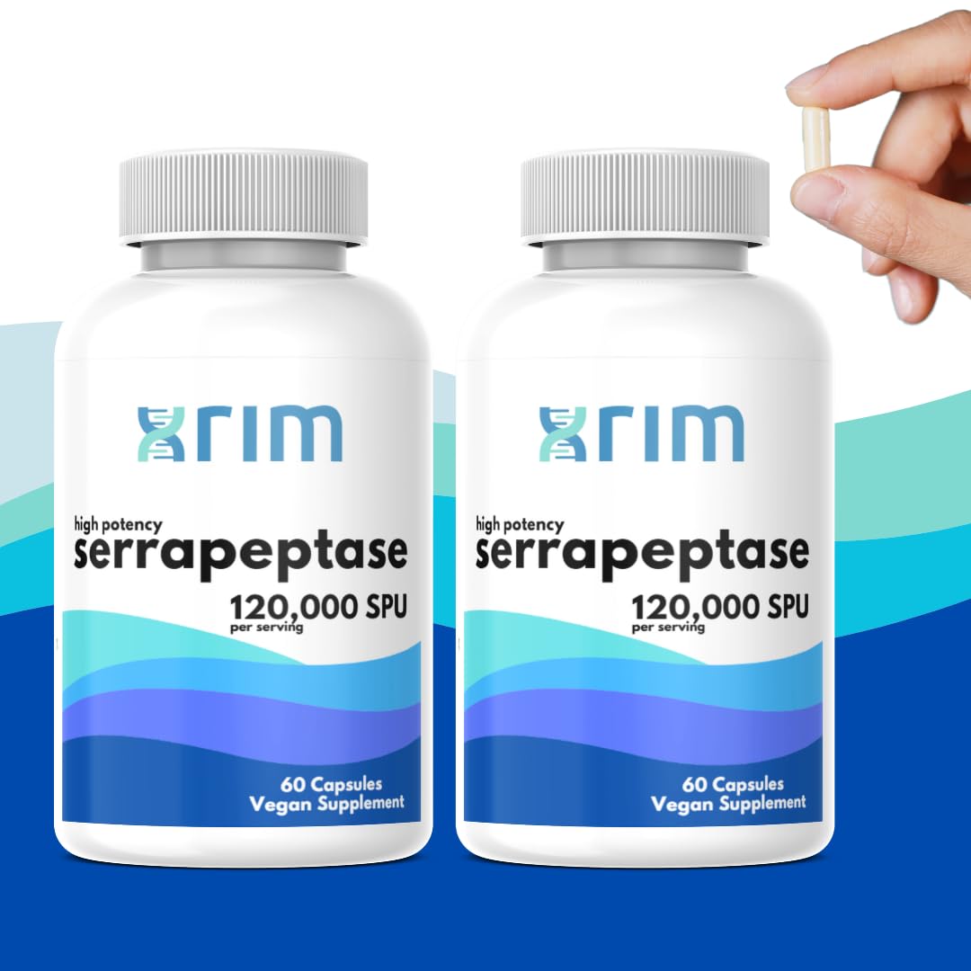 XRIM Serrapeptase GMP ISO-certifications badge on packaging.