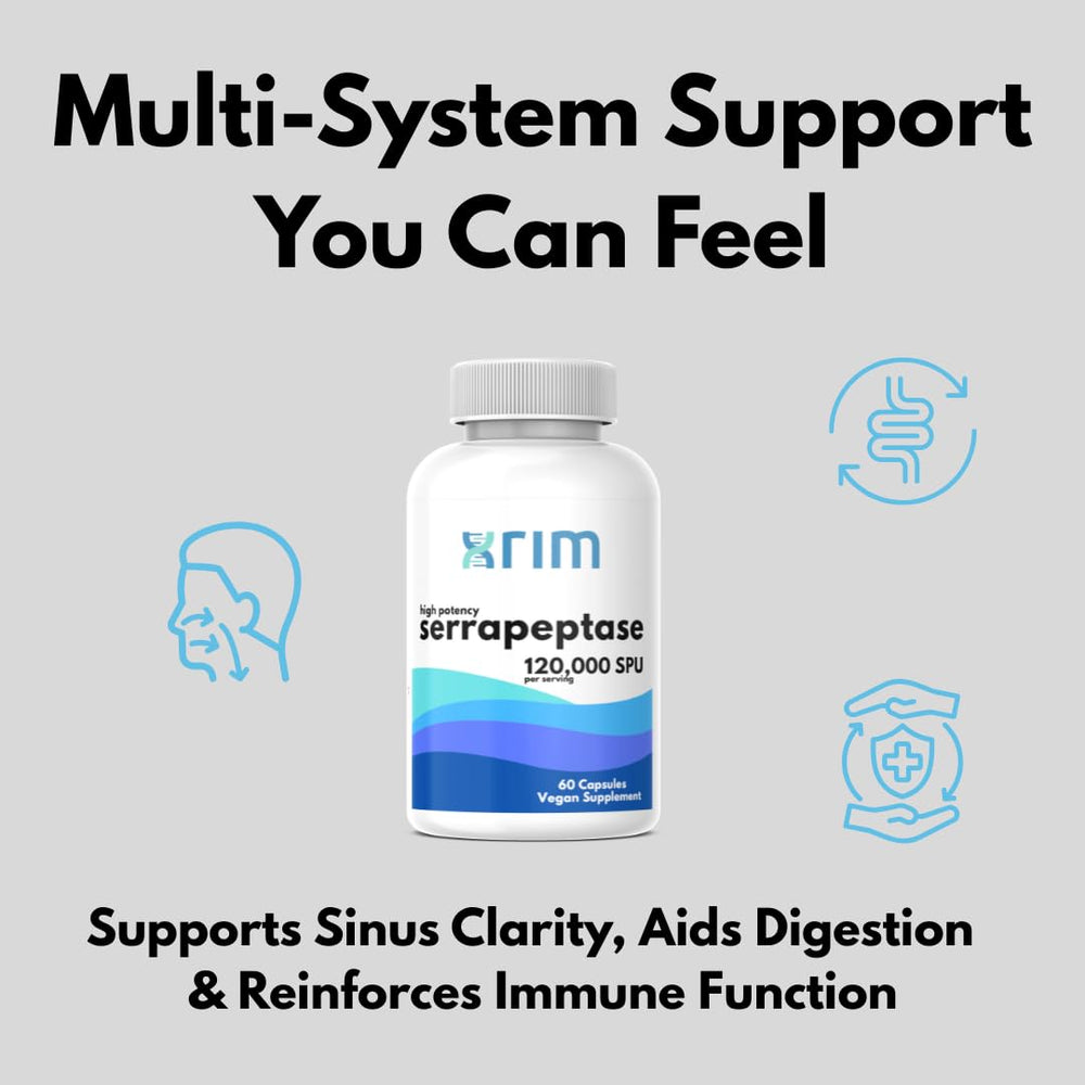 XRIM Serrapeptase capsules in use near a tissue box for sinus relief.