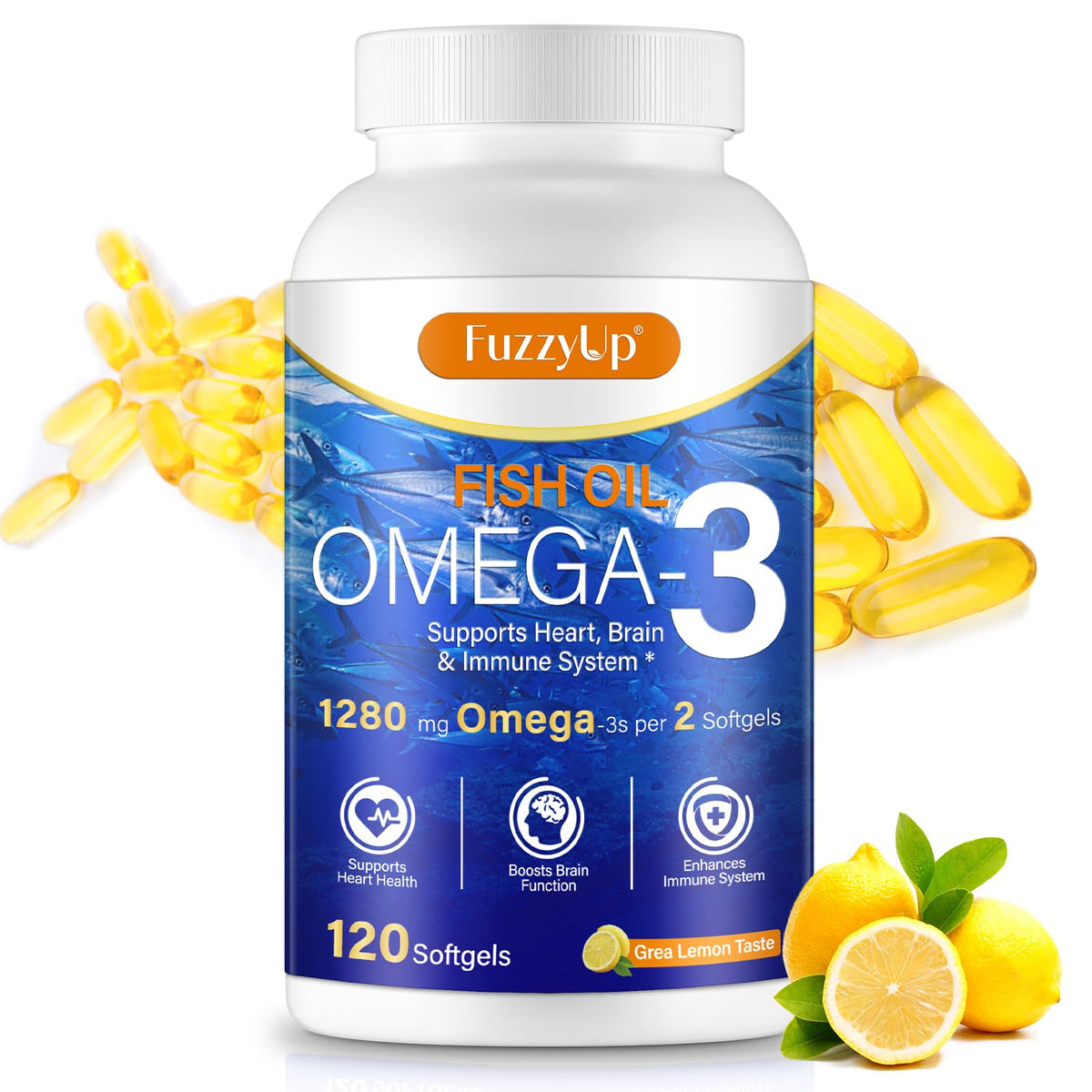 Xsvseie Omega-3 Fish Oil bottle with lemon flavor for easy absorption and pleasant taste.