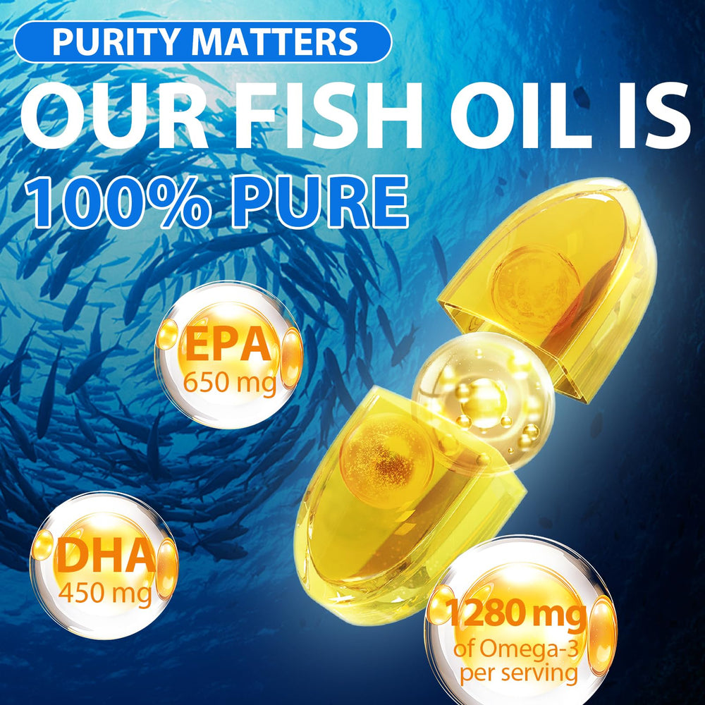 Xsvseie Omega-3 Softgels close-up highlighting burpless formula and Non-GMO quality.