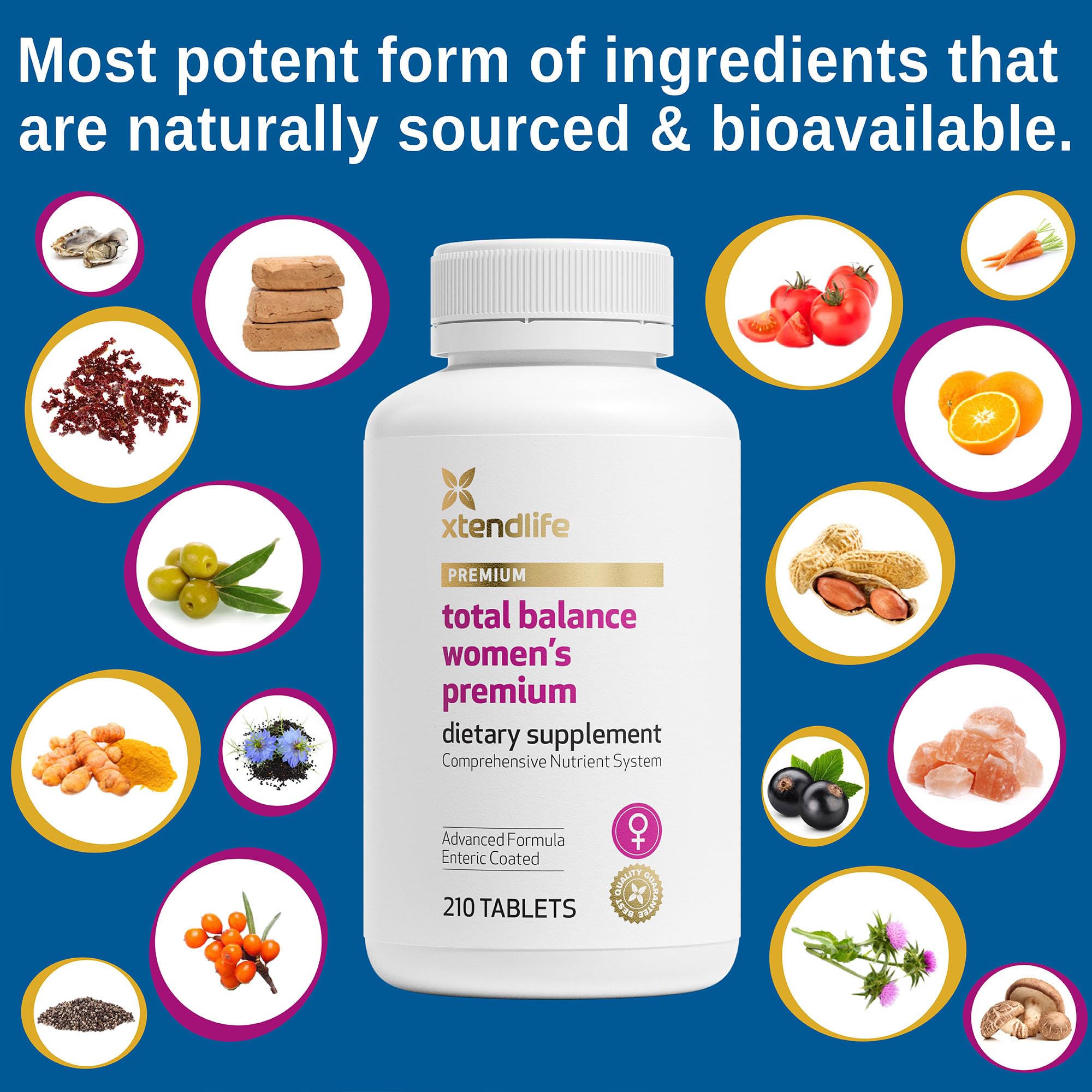 Xtendlife Total Balance Women's visual of aging-friendly nutrient blend and ingredients.