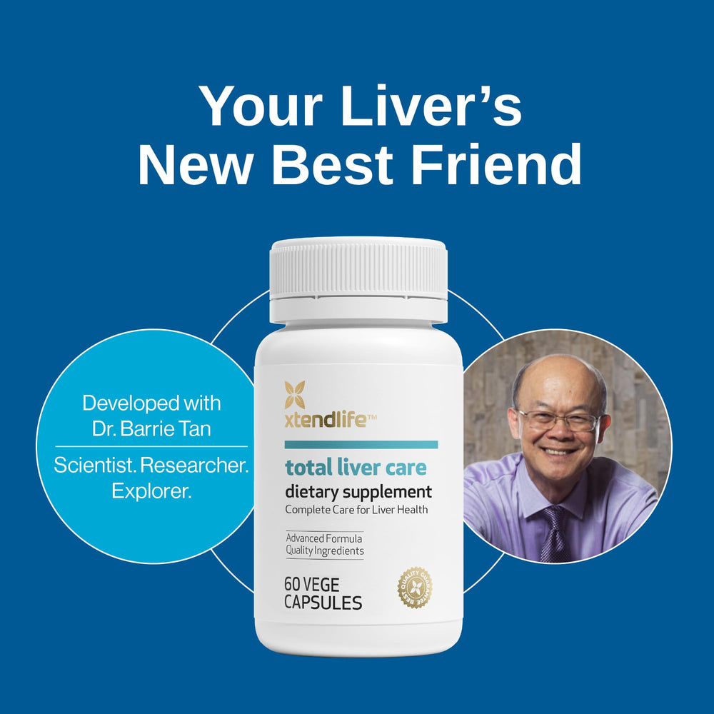 Xtendlife Total Liver Care bottle back shows transparent supplement facts and dosage guidance.
