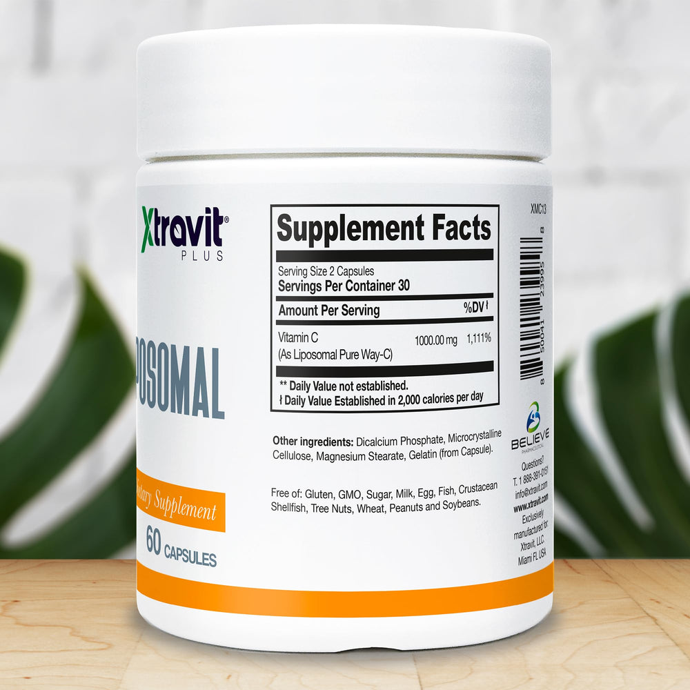 Xtravit Liposomal Vitamin C label closeup showing ingredients and dosage.