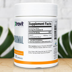 Xtravit Liposomal Vitamin C label closeup showing ingredients and dosage.