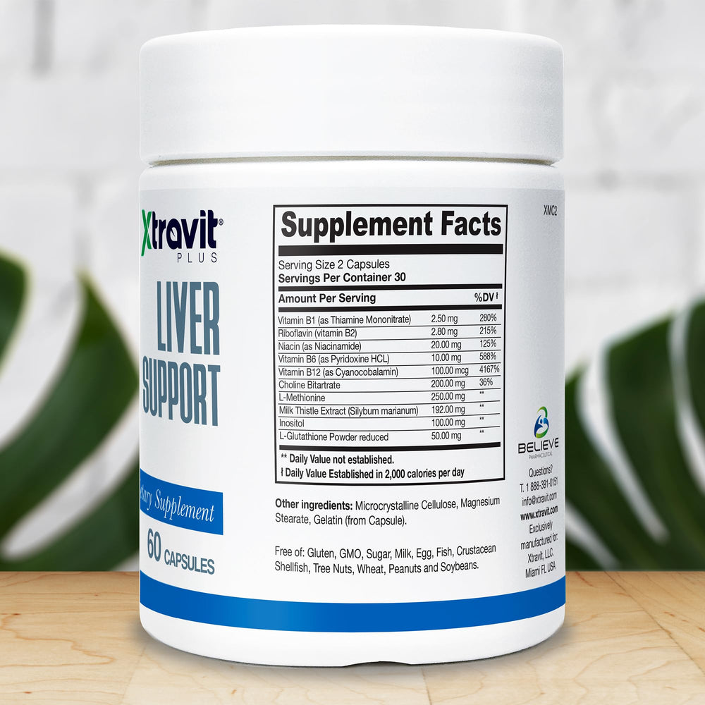 Xtravit Liver Support bottle back label with ingredients for detox.