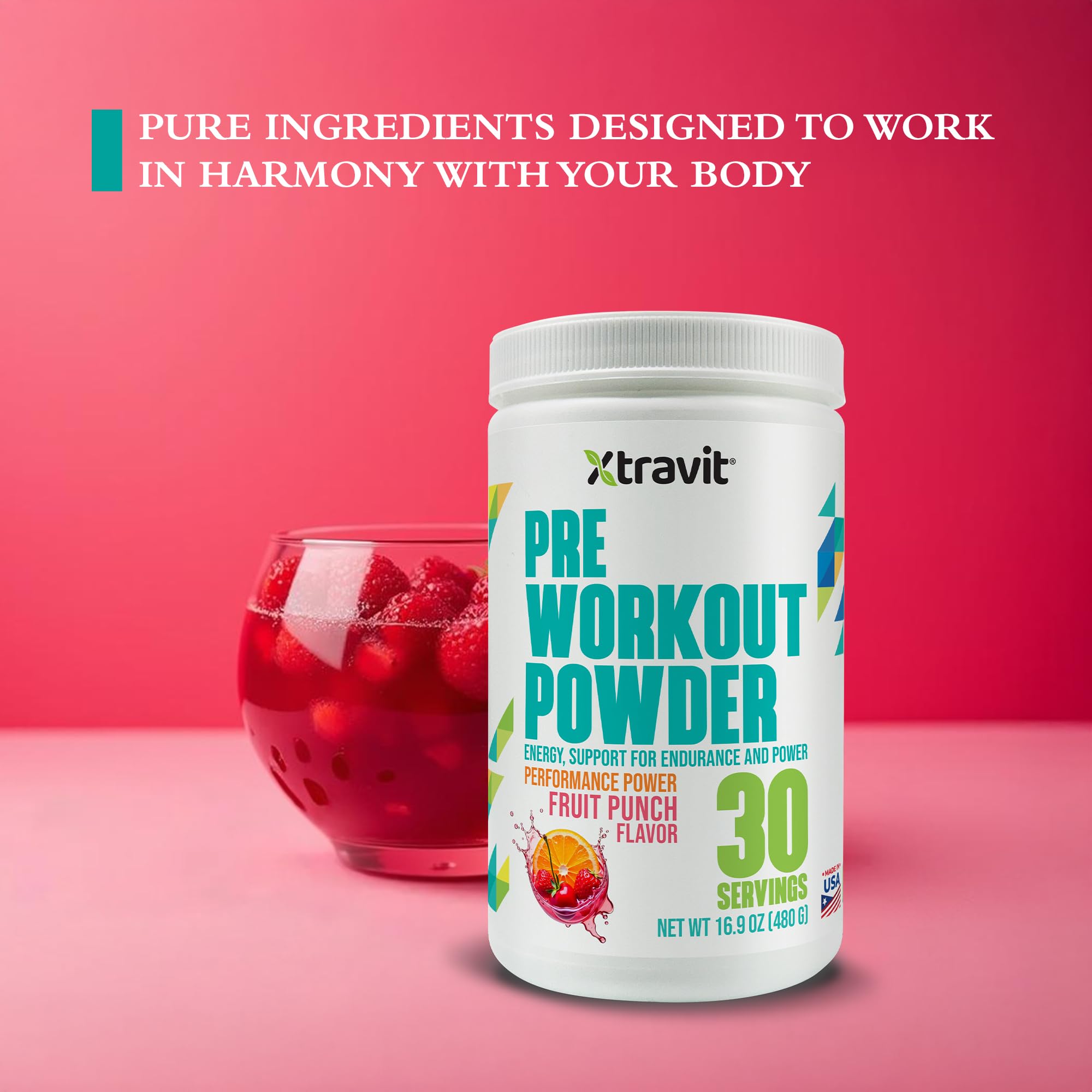 Xtravit Pre Workout Fruit Punch bottle on gym shelf ready to use