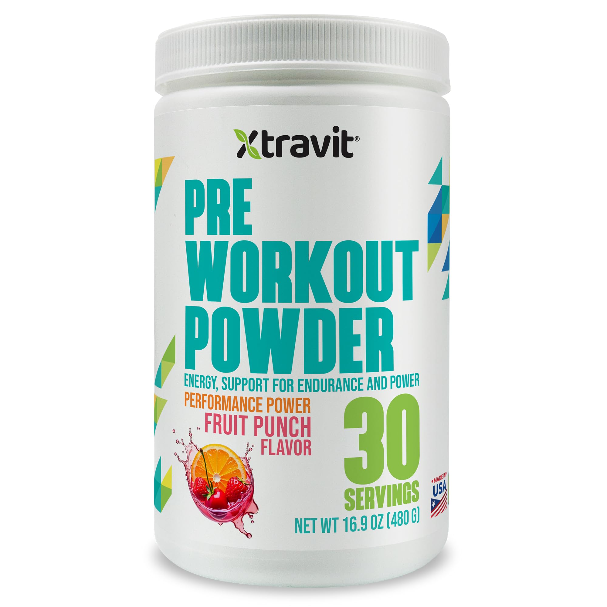 Xtravit Pre Workout Fruit Punch tub label highlights ingredients and serving size
