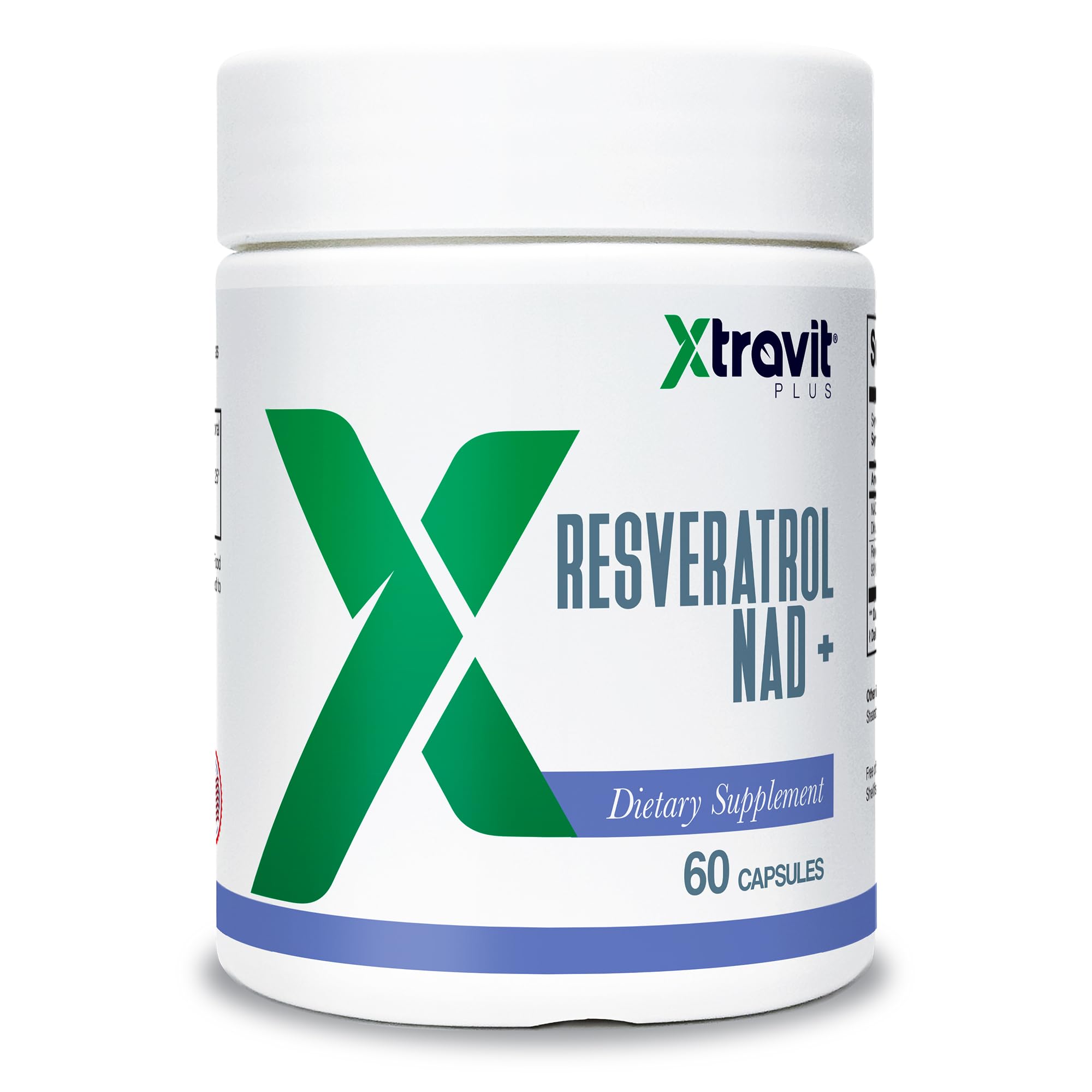 Xtravit Resveratrol NAD+ bottle label highlights premium energy support for daily use