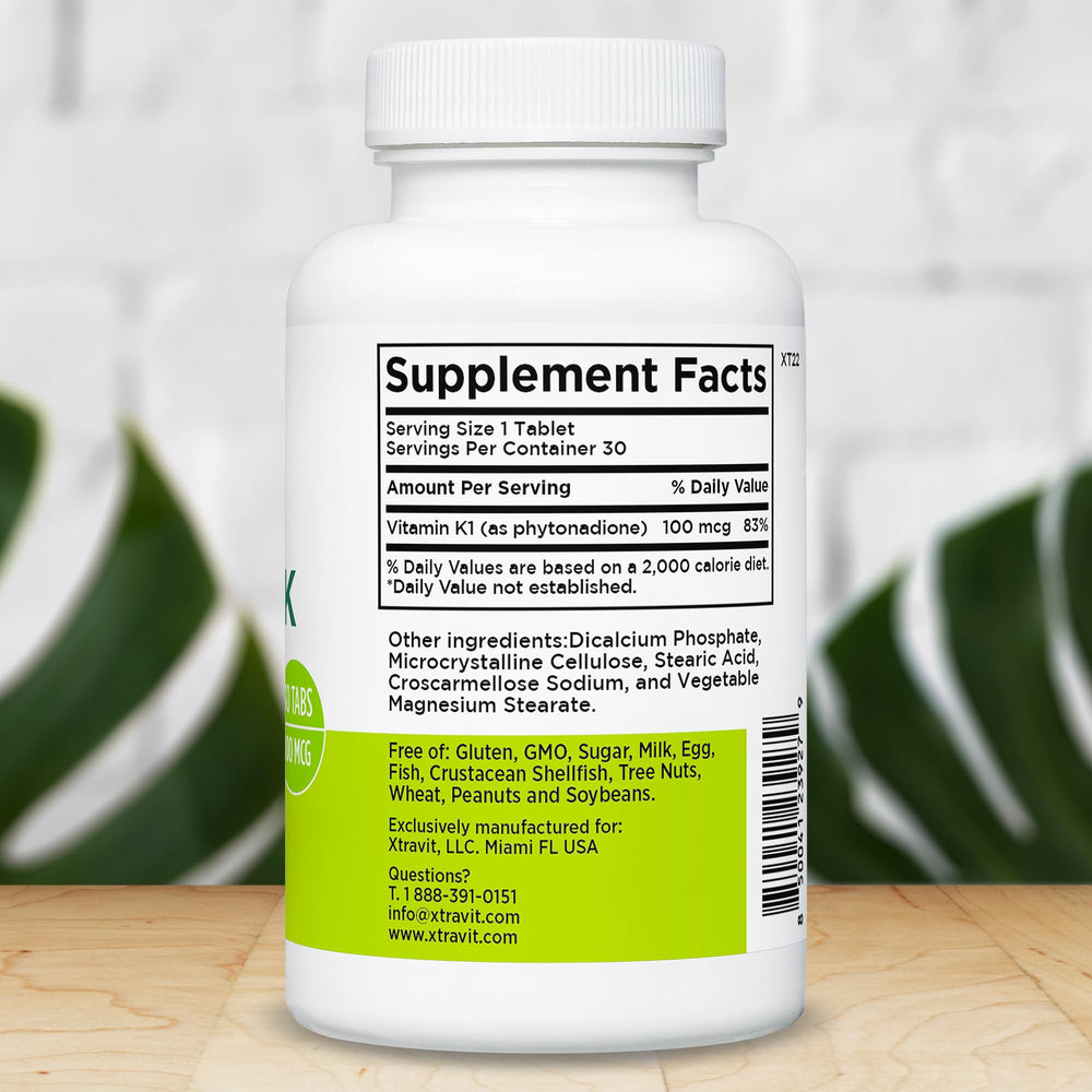 Xtravit Vitamin K tablet close-up highlighting compact, easy-to-swallow tablets.