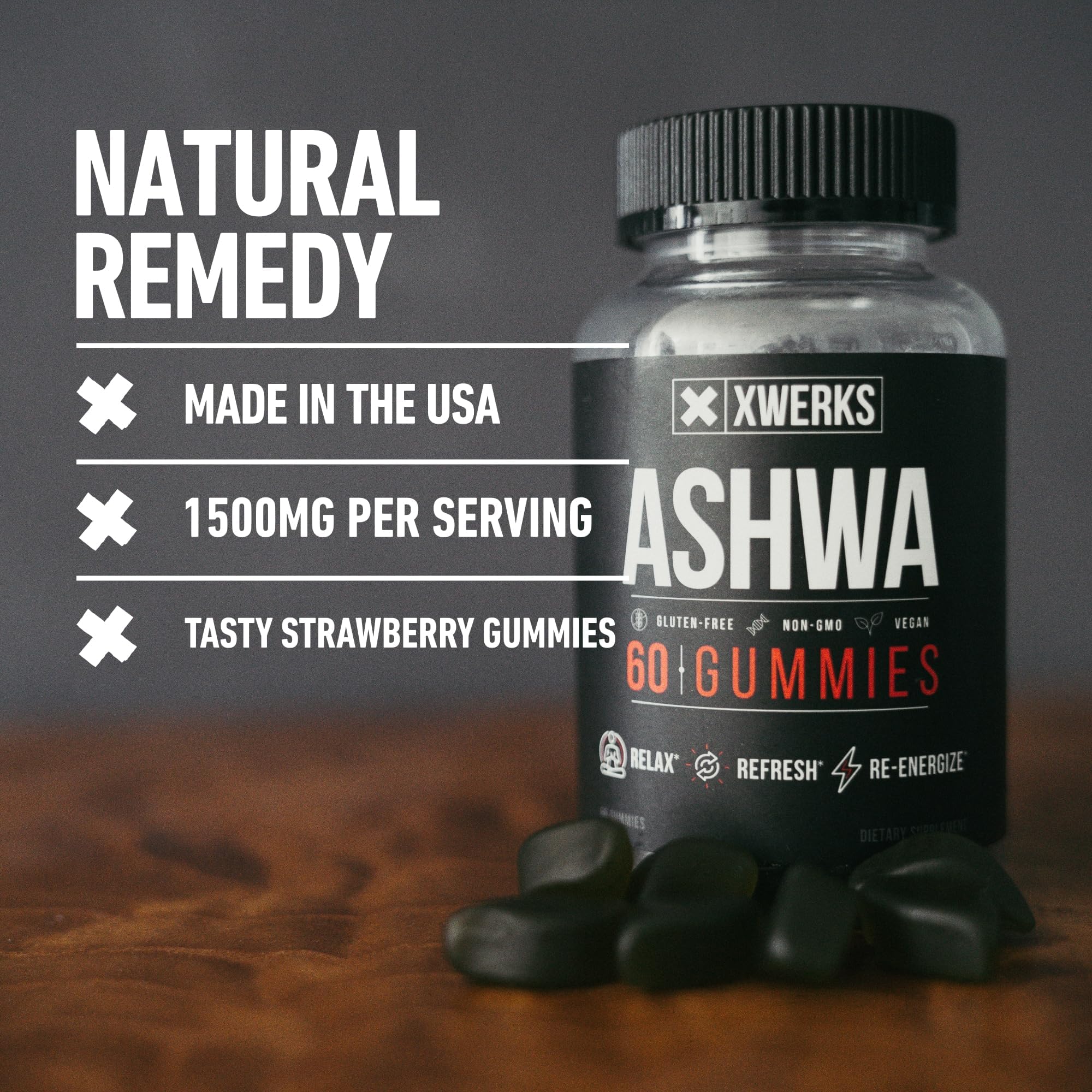 Xwerks Ashwagandha Gummies label details clean, non-GMO ingredients.