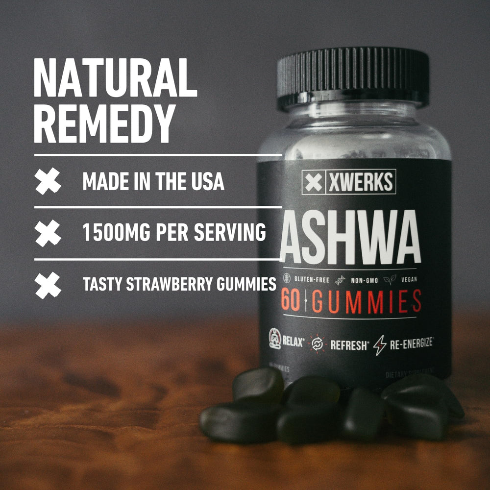 Xwerks Ashwagandha Gummies label details clean, non-GMO ingredients.