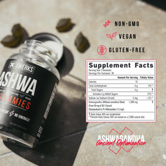 Xwerks Ashwagandha Gummies pack highlights vegan, gluten-free adaptogenic benefits.