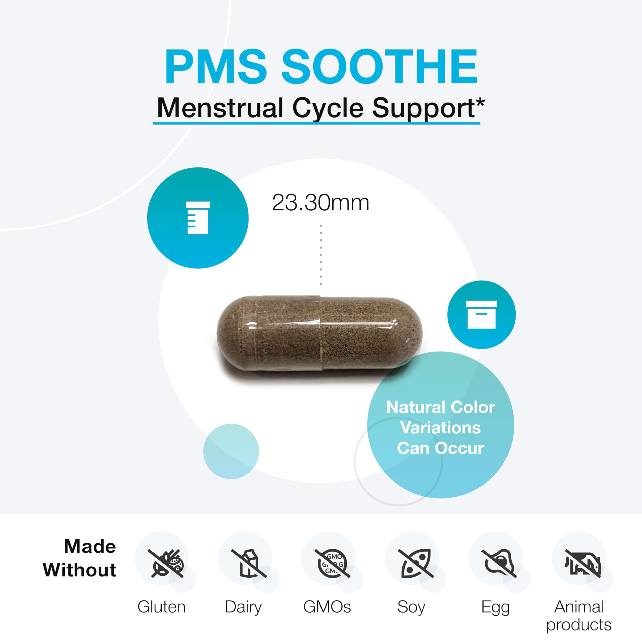 Dispensed XYMOGEN PMS Soothe capsules shown for convenient dosing