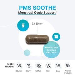 Dispensed XYMOGEN PMS Soothe capsules shown for convenient dosing