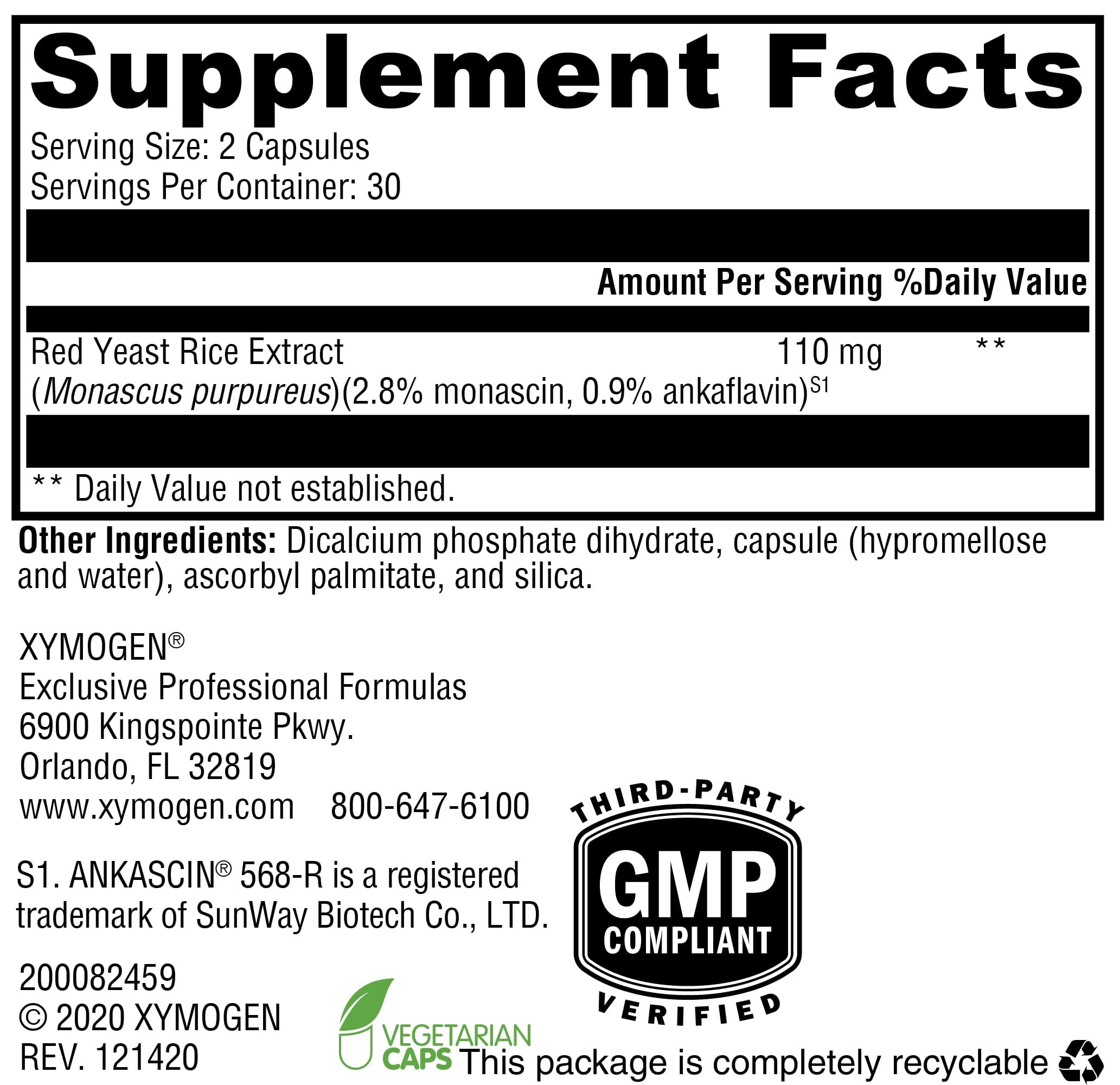 XYMOGEN Red Yeast Rice capsules close-up emphasizes citrinin-free assurance for daily use
