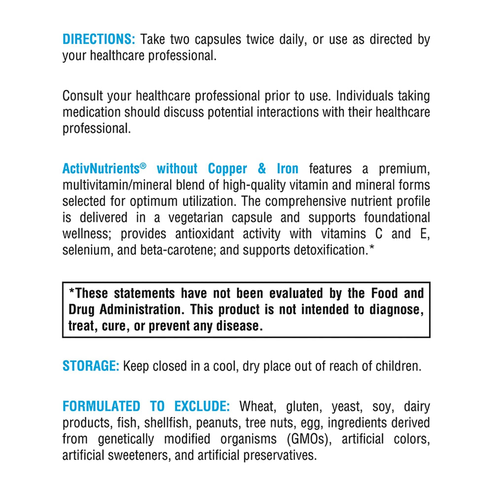 Nutrition facts panel highlights minerals without iron.