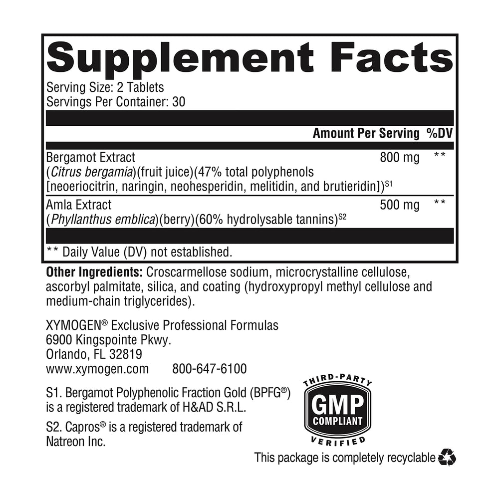 XYMOGEN BergaCor Plus ingredient diagram focusing on polyphenols