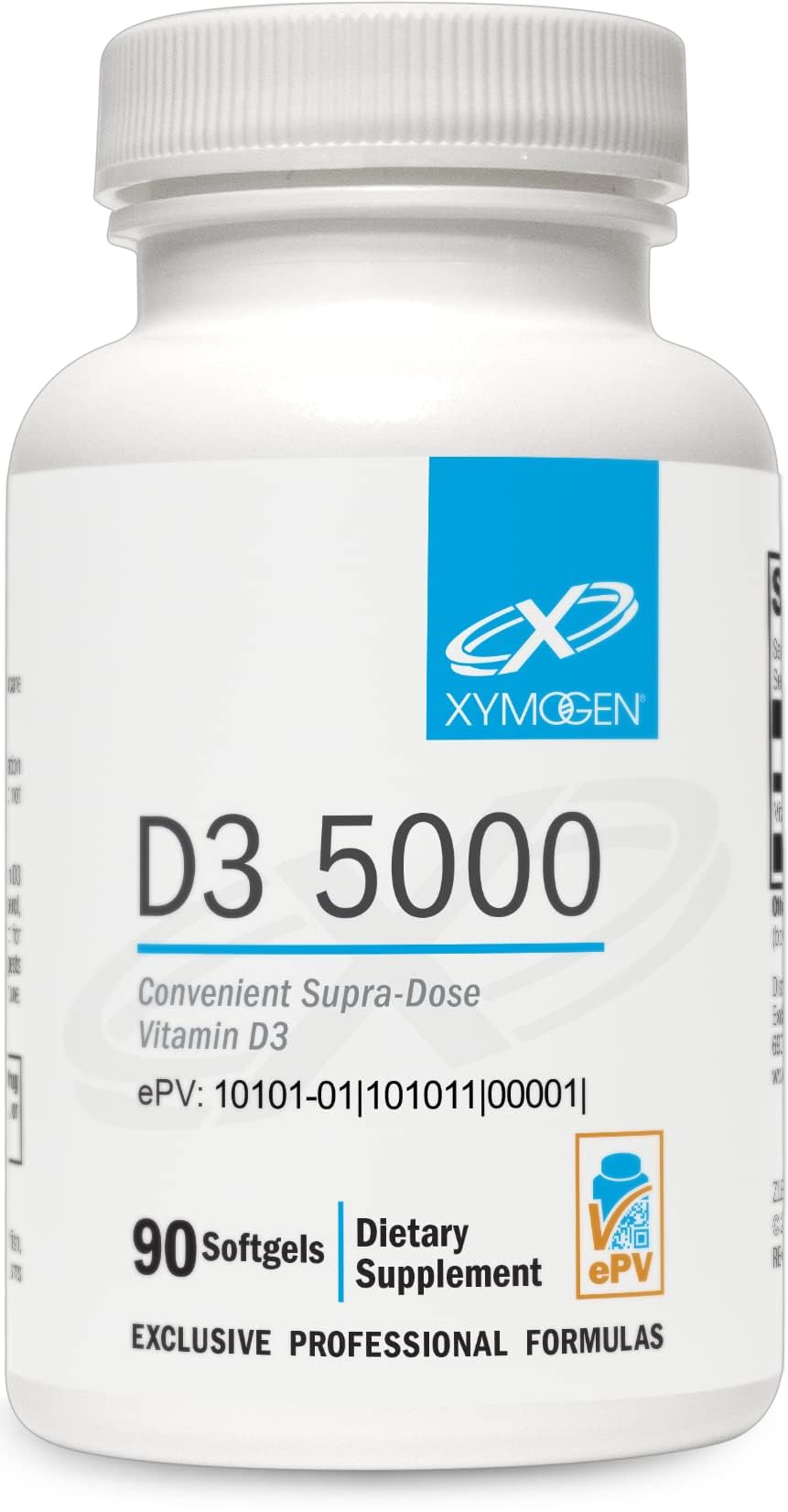 XYMOGEN D3 5000 softgel bottle for immune support and bone health.