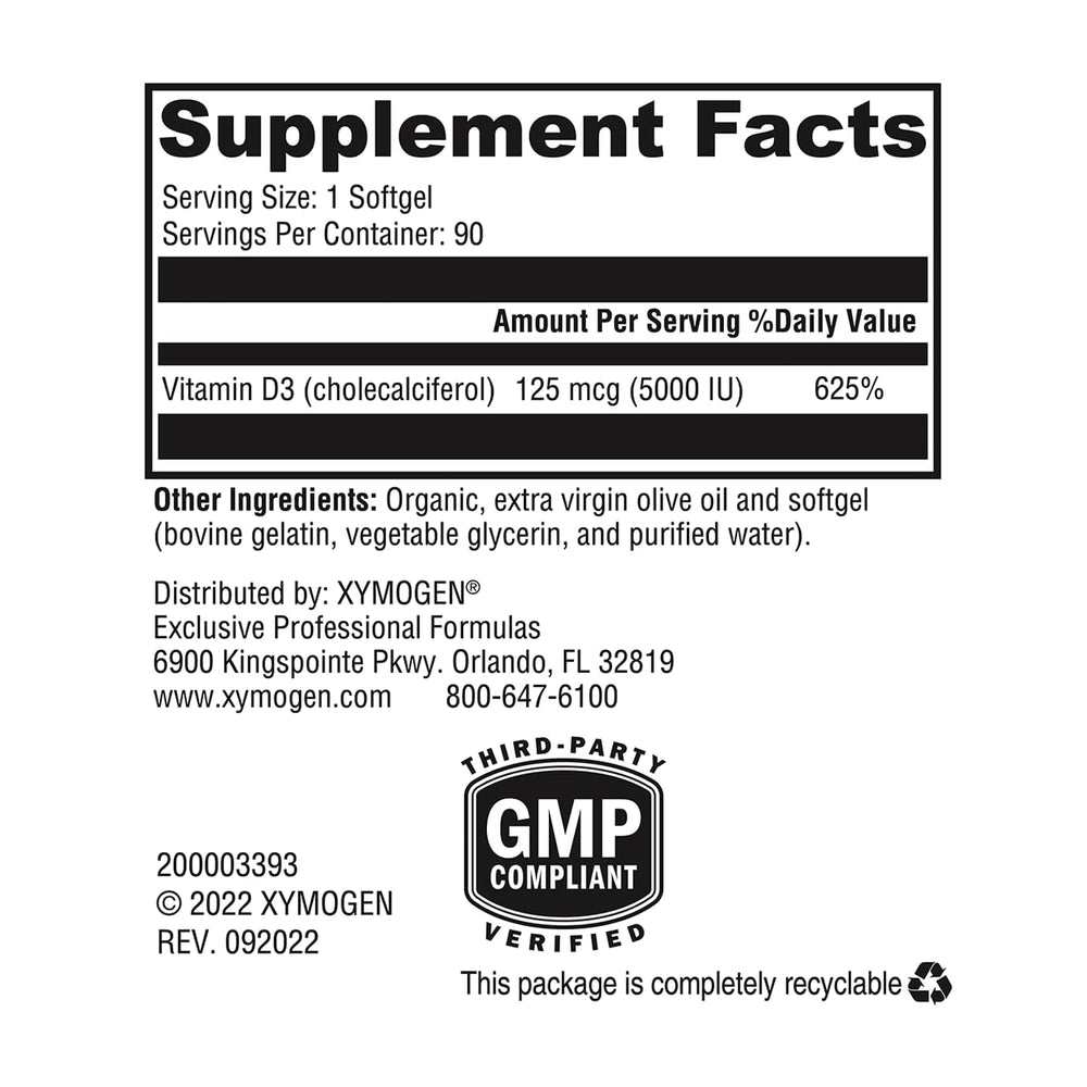 XYMOGEN D3 5000 pour shot showing high potency vitamin D for daily wellness.
