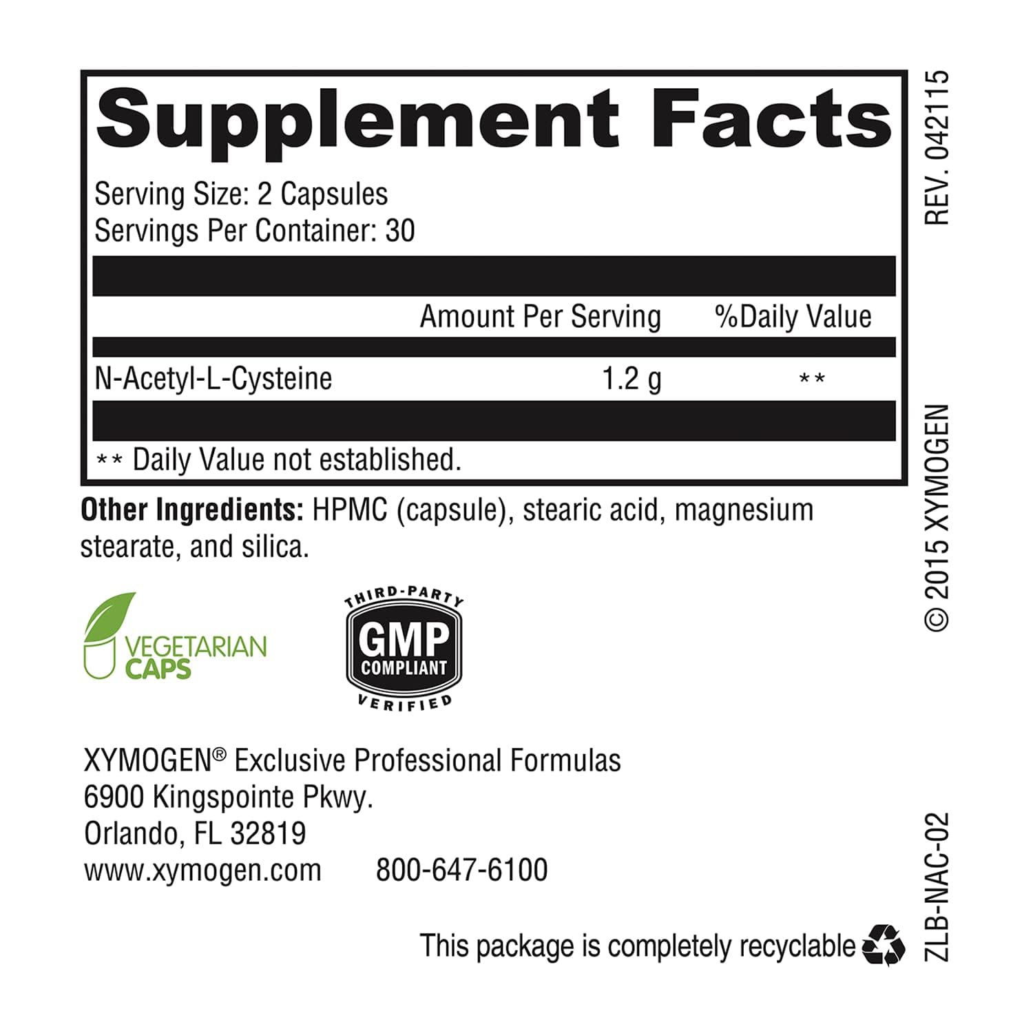 Close-up of XYMOGEN NAC 600mg capsules showing dosage and design