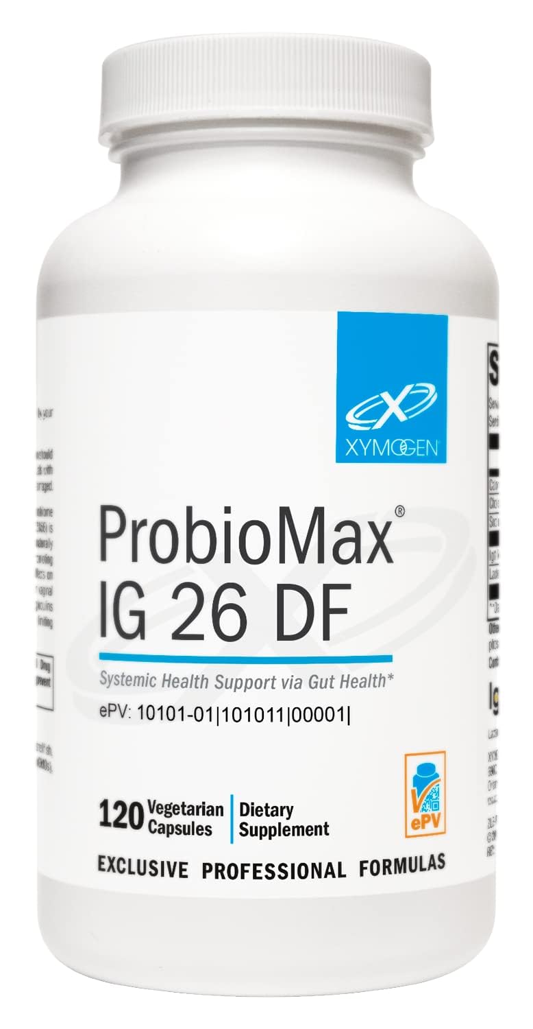 XYMOGEN ProbioMax IG 26 bottle shown for daily probiotic use and gut support.
