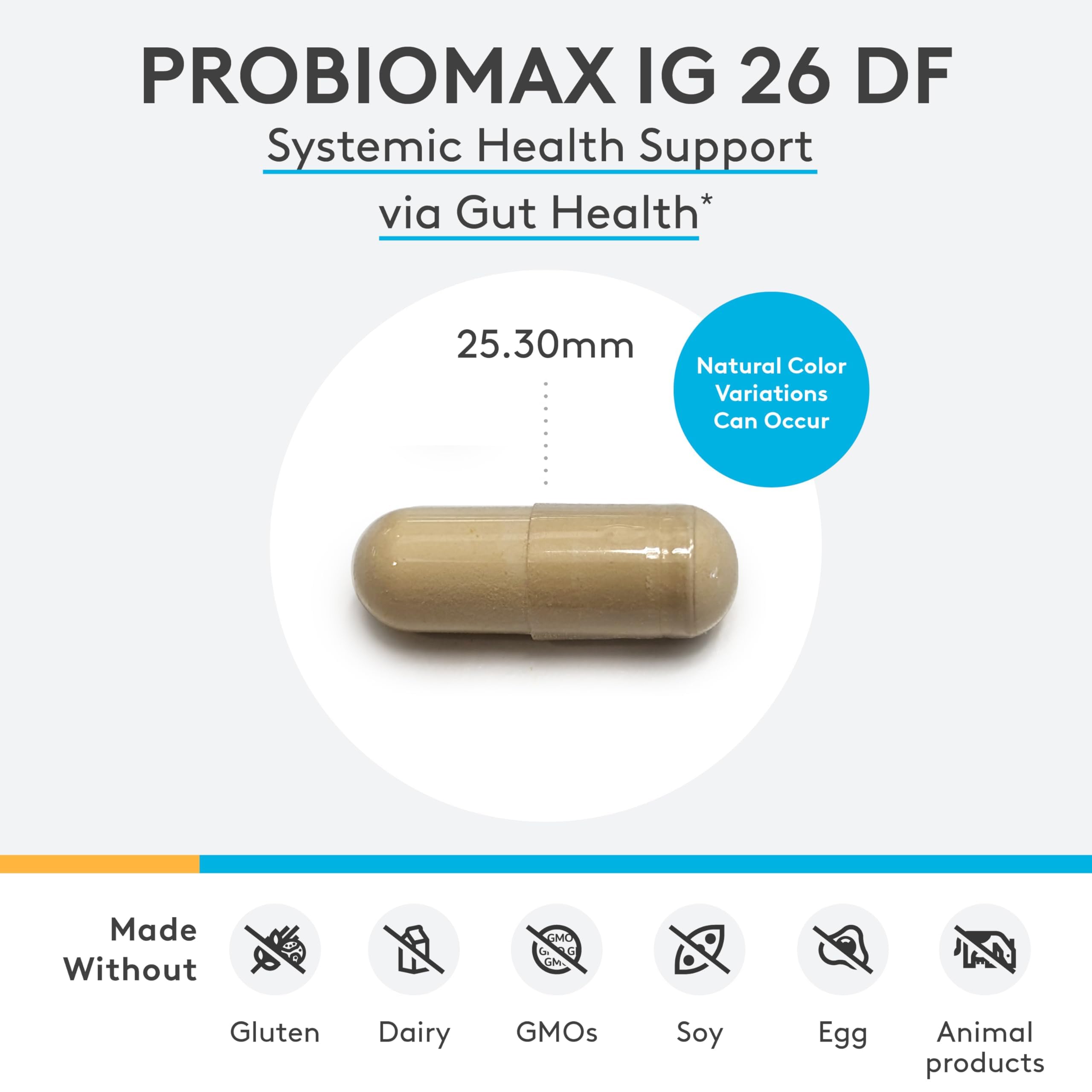 Product label highlights LactoSpore and IgY Max ingredients for microbiome synergy.