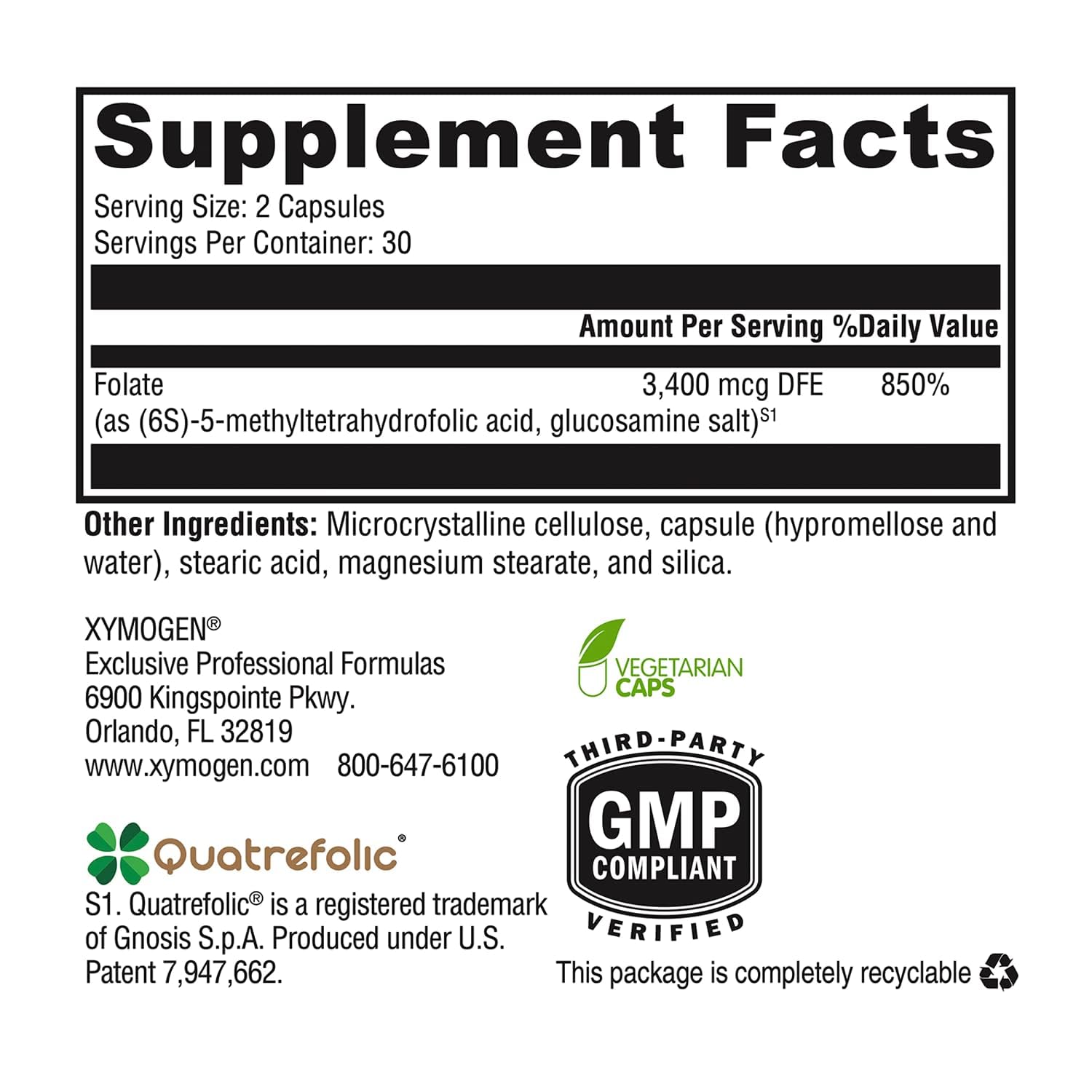 XYMOGEN 5 MTHF bottle back view with supplement facts visible