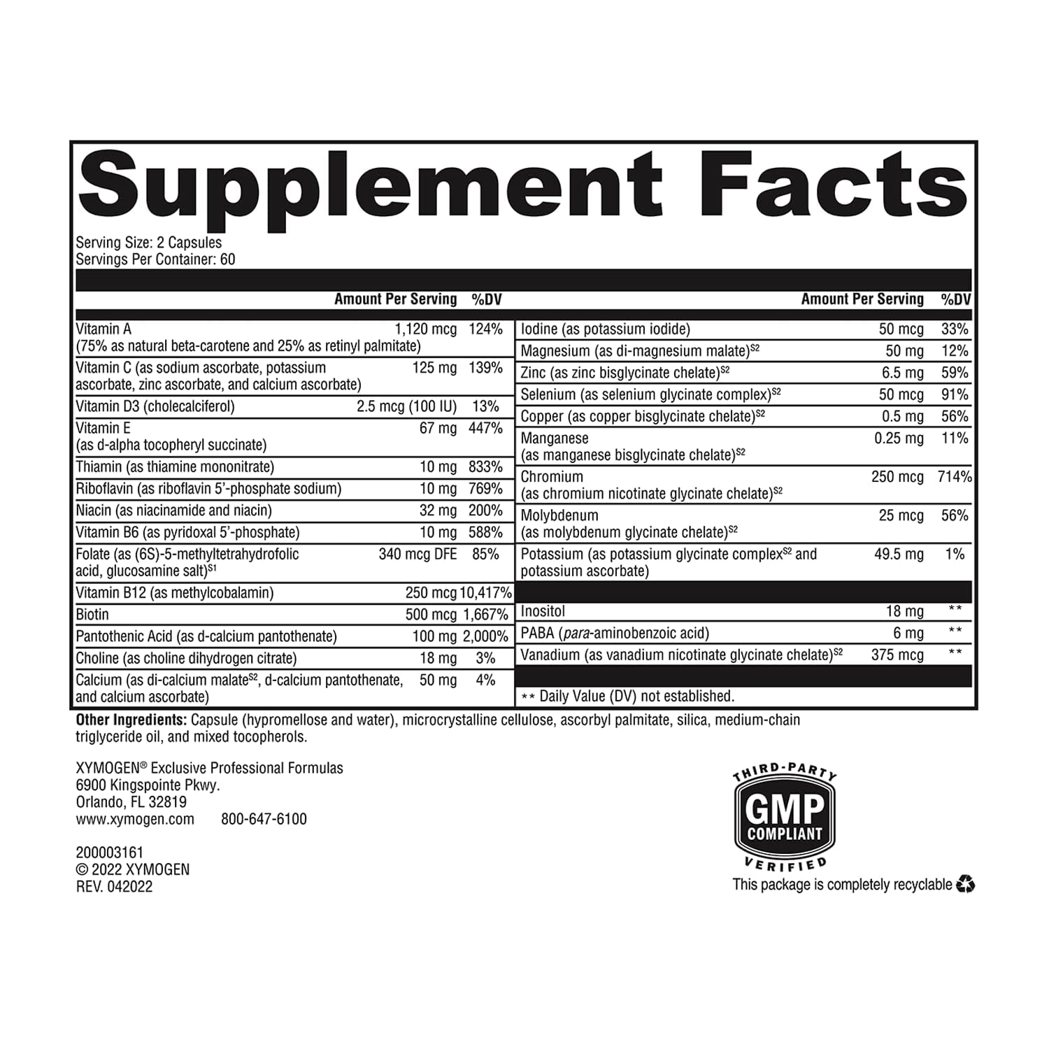 XYMOGEN ActivNutrients Without Iron label close-up showing chelated minerals for absorption.