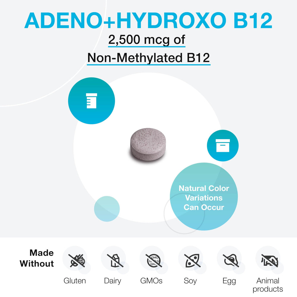 XYMOGEN Adeno+Hydroxo B12 lozenge close-up tablet, fruit punch flavor.