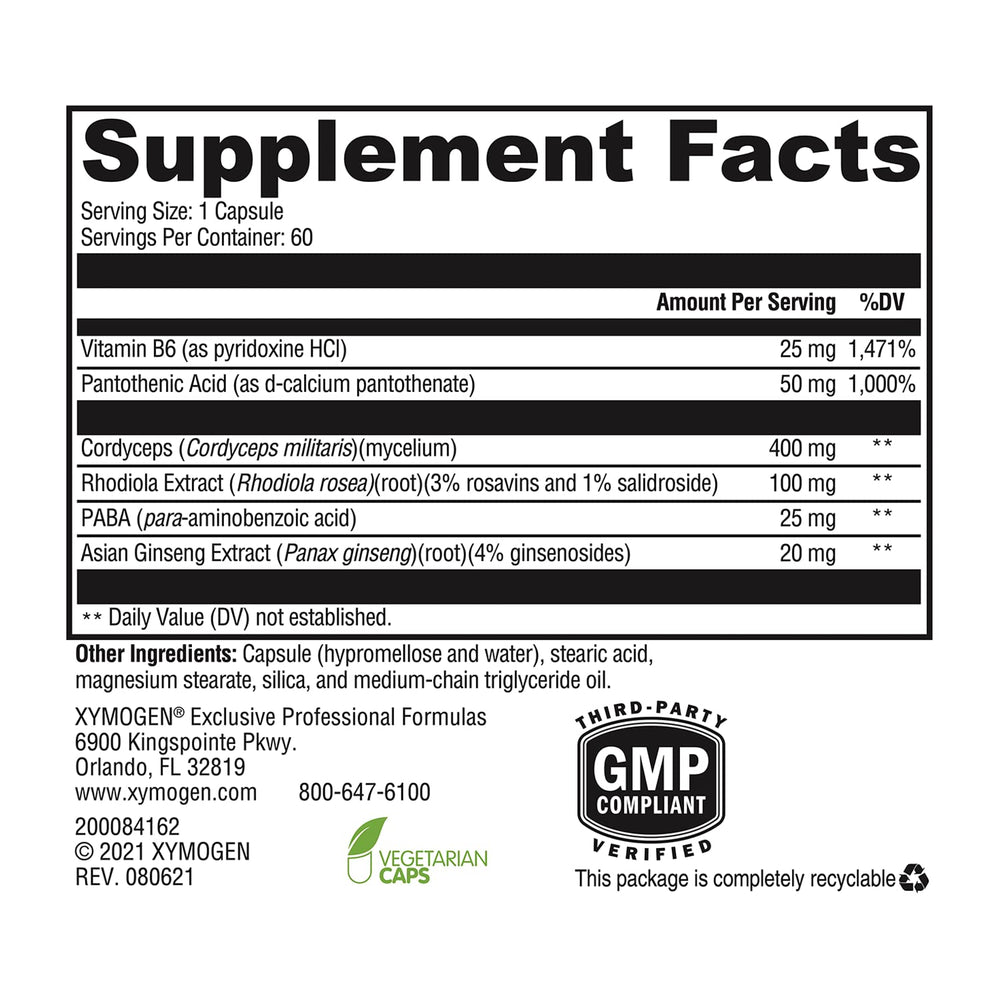 Xymogen Adrenal Essence science label highlights adaptogens like Cordyceps and Rhodiola for balanced energy.