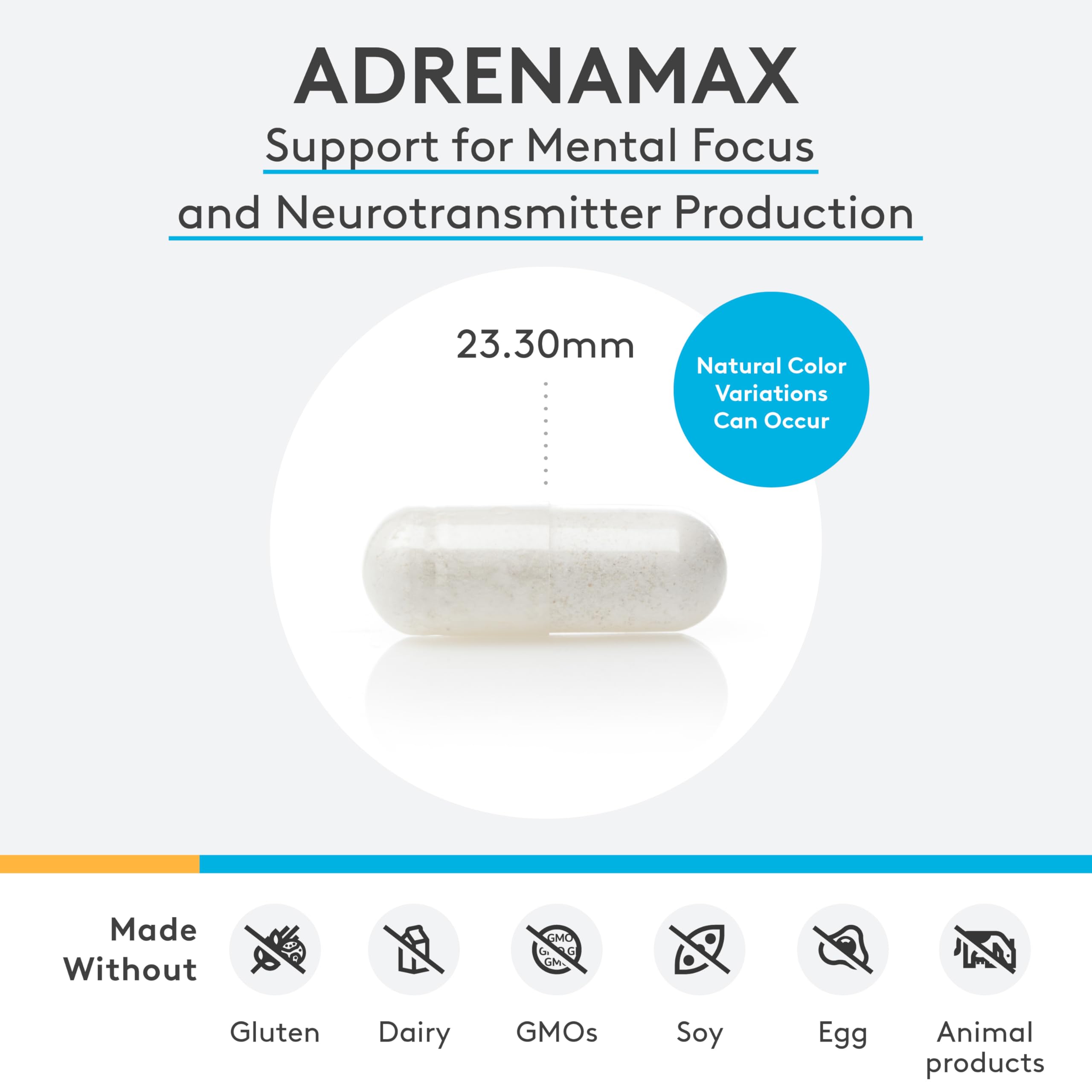 XYMOGEN AdrenaMax capsules stacked, showing 400 mg L-tyrosine per serving.