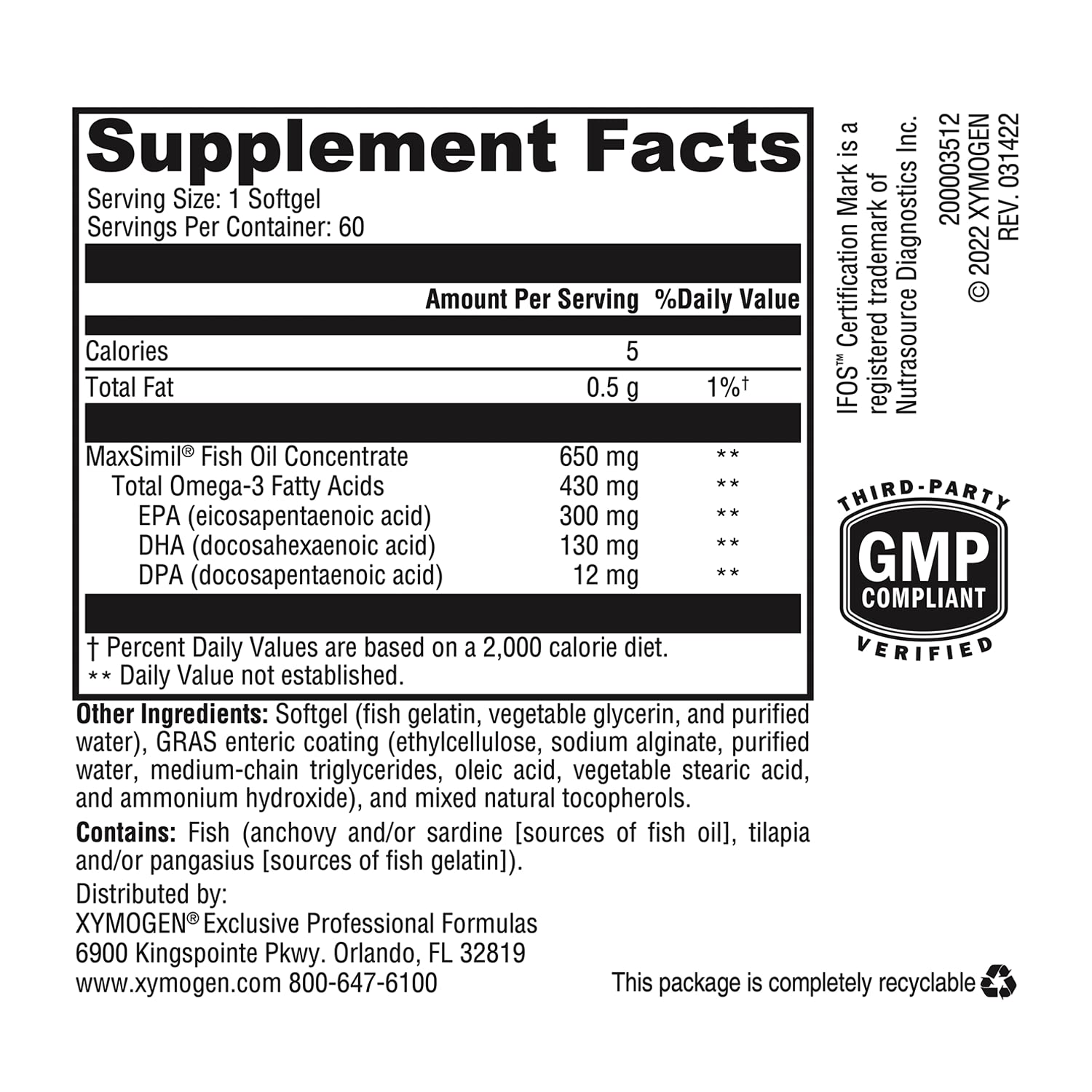 Label for allergen-free formulation of XYMOGEN Omega MonoPure