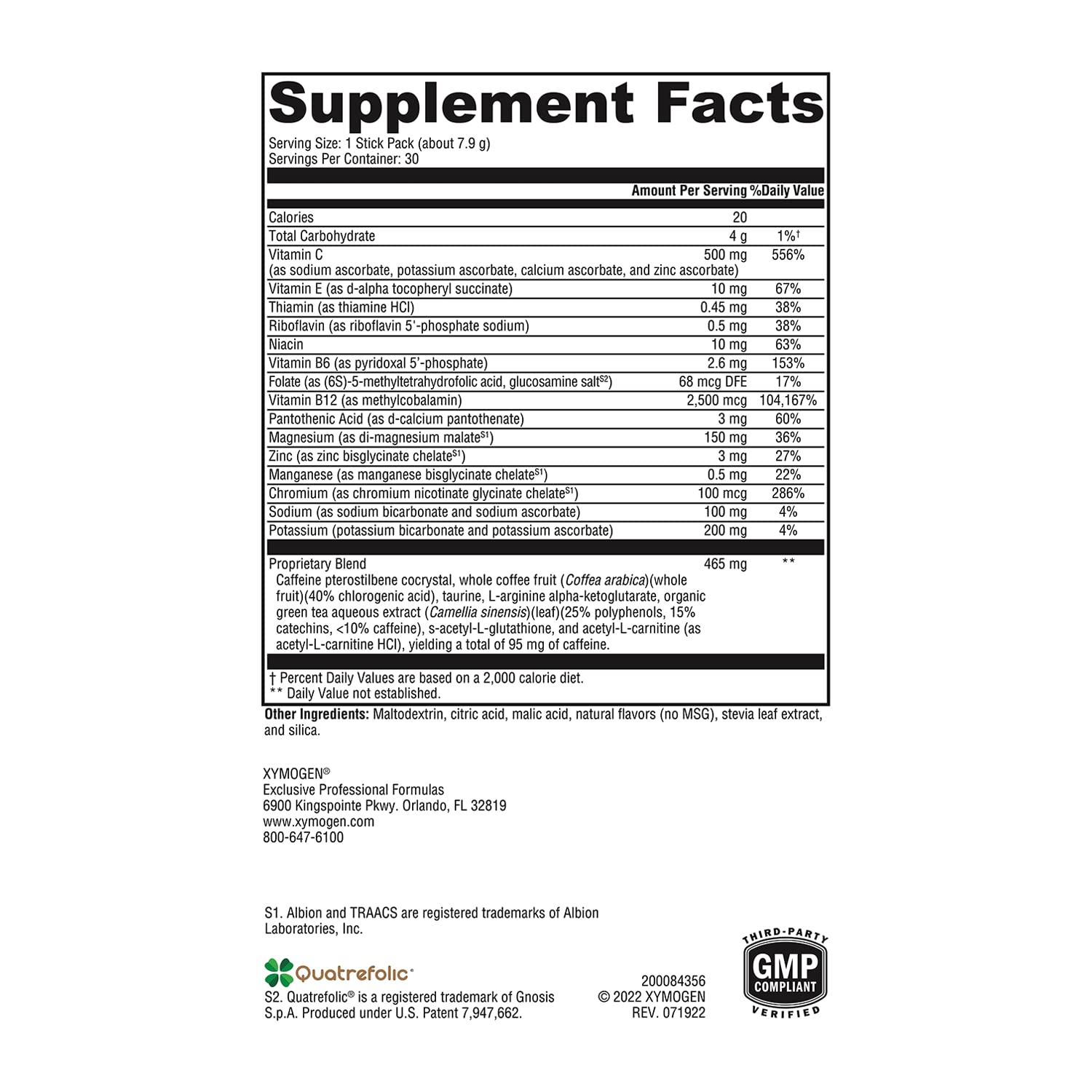 XYMOGEN ATP Ignite ingredients list featuring vitamins, minerals, and amino acids.
