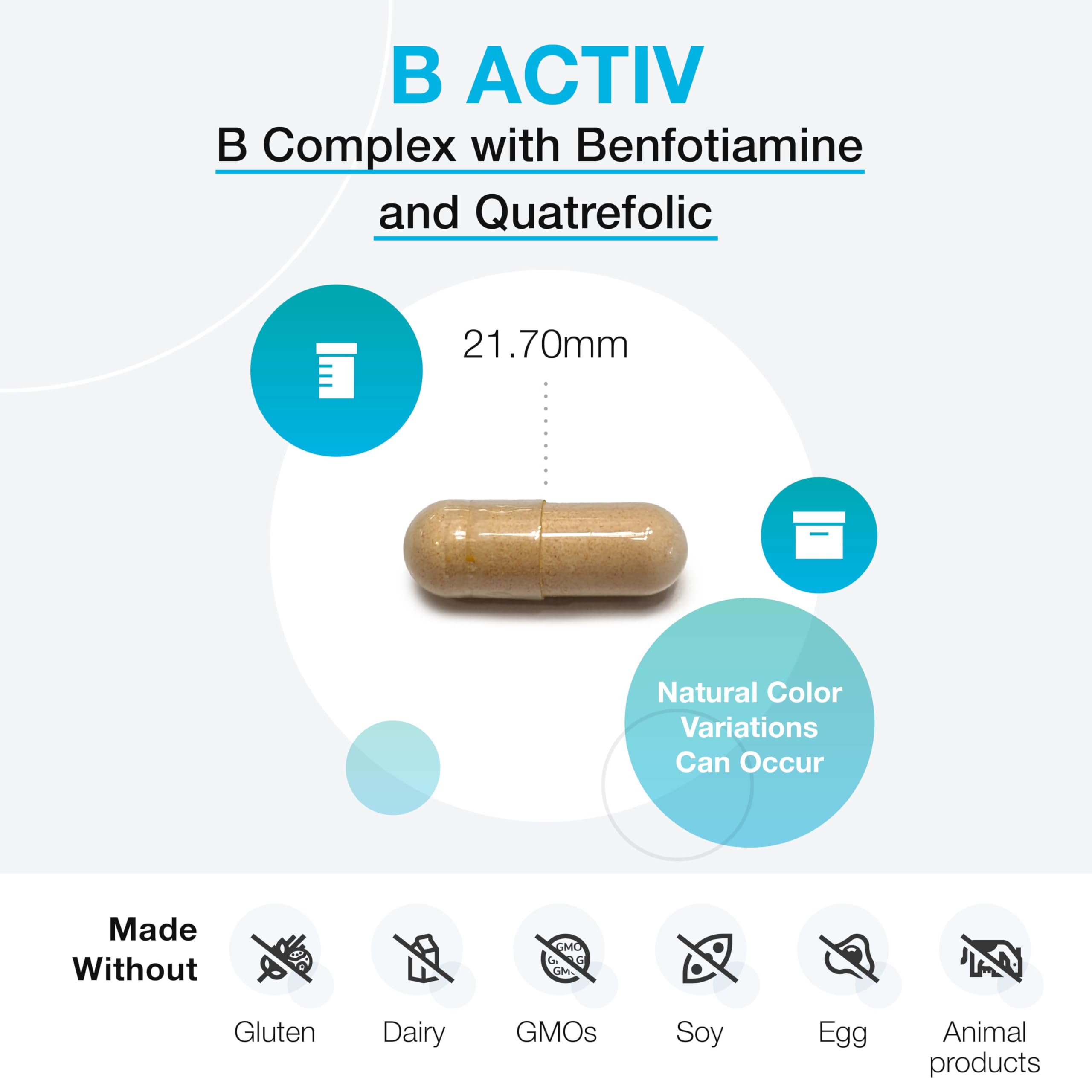 XYMOGEN B Activ bottle back label detailing premium B vitamin forms and allergen-free ingredients.