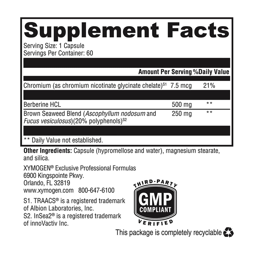 Close-up of Xymogen Berberine capsules for easy daily use.