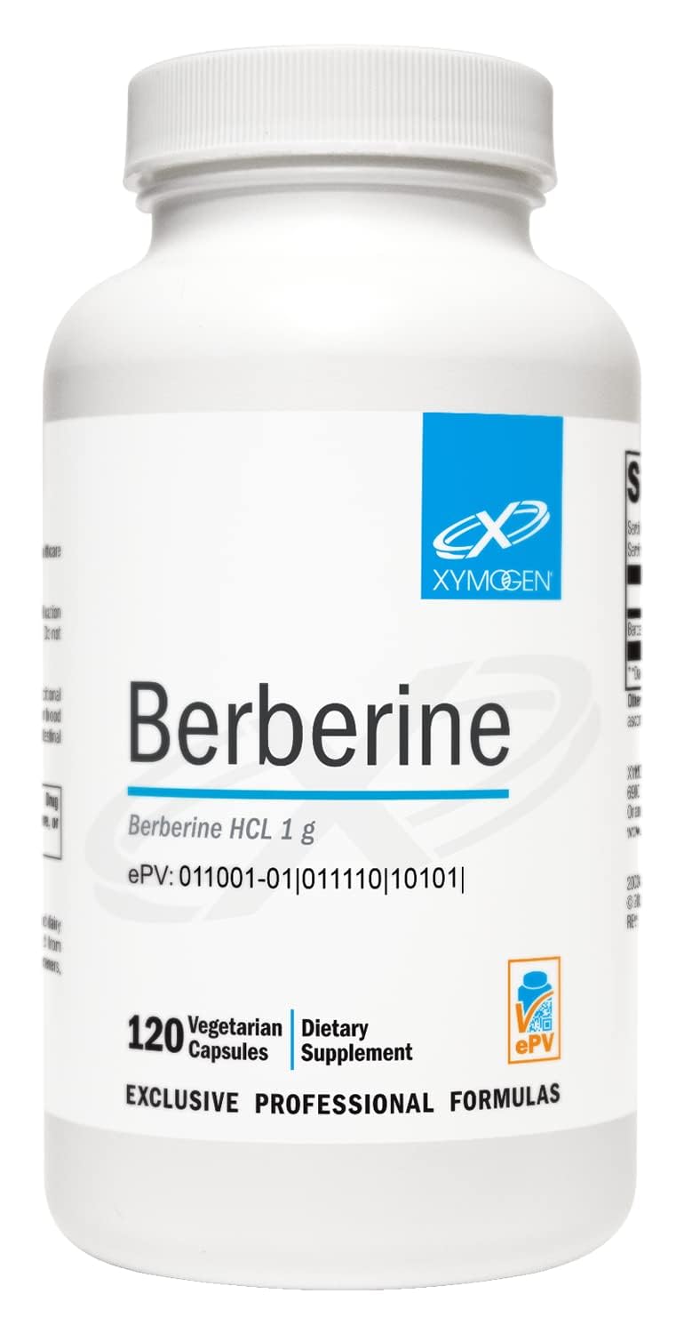 Xymogen Berberine HCL bottle containing 120 capsules for daily metabolic support.