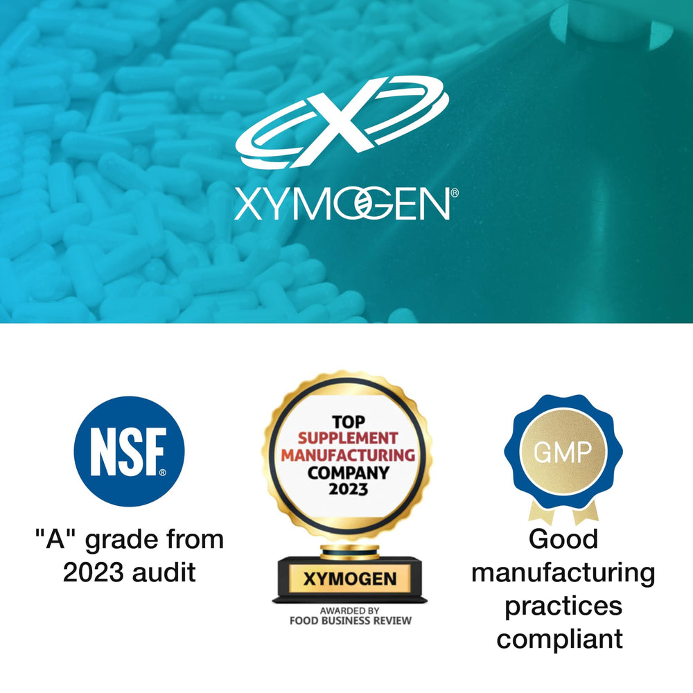 Xymogen Berberine HCL pouring capsules illustrating easy daily intake for metabolism support.