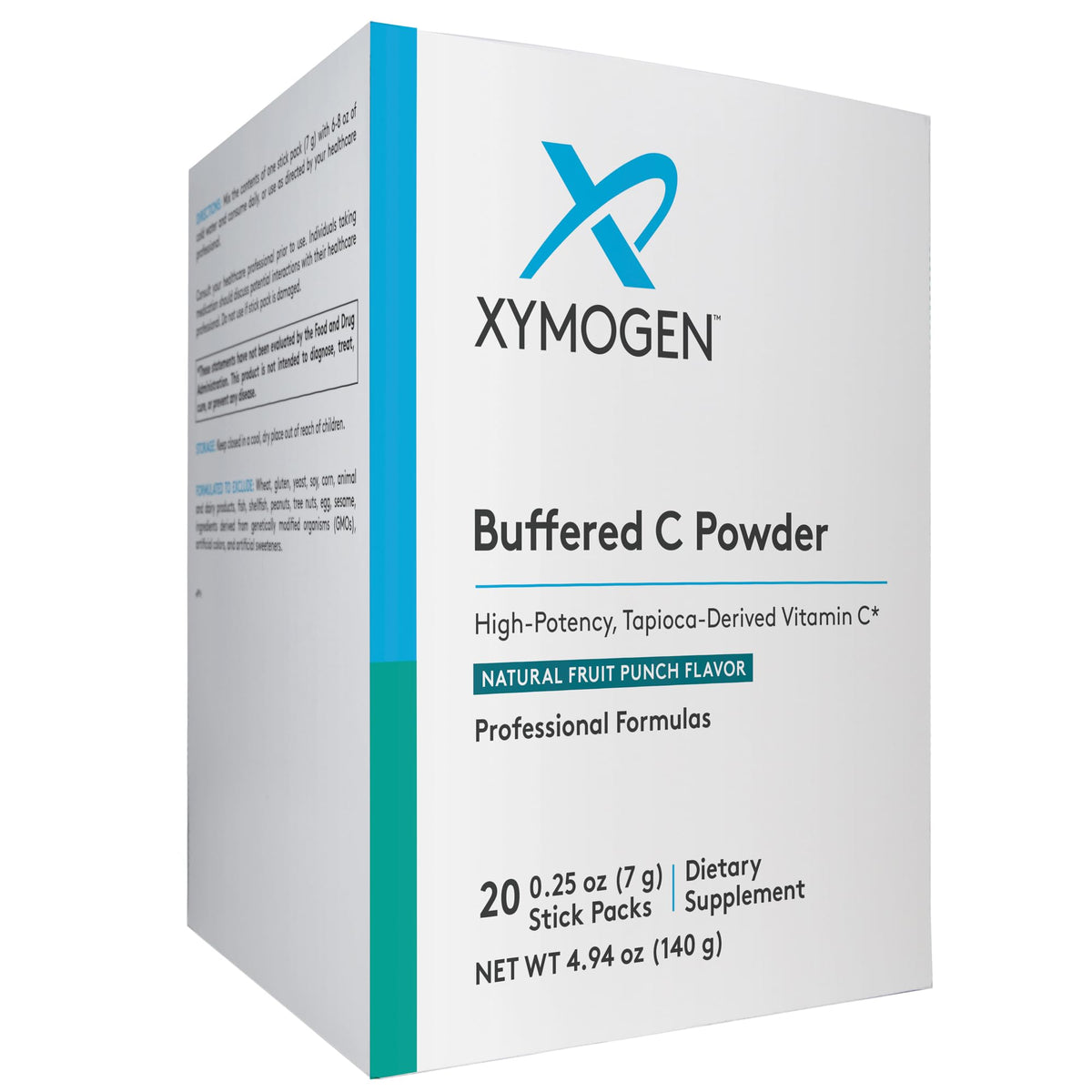 XYMOGEN Buffered C Powder bottle shows high-potency vitamin C with minerals.