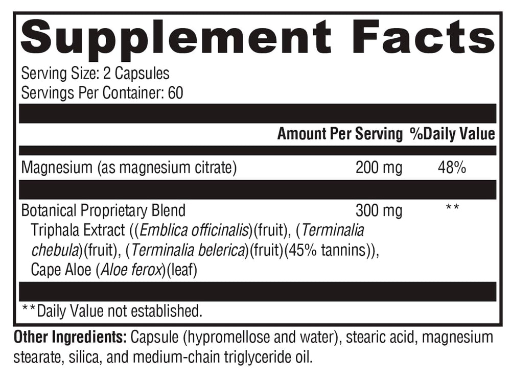 XYMOGEN ColonX bottle label highlighting magnesium citrate and triphala for gut balance