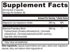 XYMOGEN ColonX bottle label highlighting magnesium citrate and triphala for gut balance
