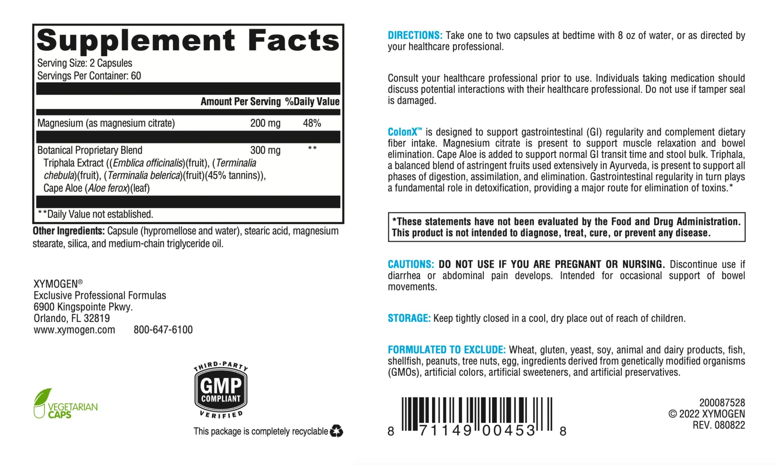 XYMOGEN ColonX label closeup highlights allergen-free formula and clean ingredients