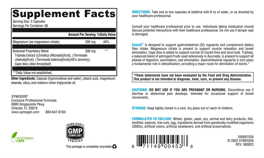 XYMOGEN ColonX label closeup highlights allergen-free formula and clean ingredients