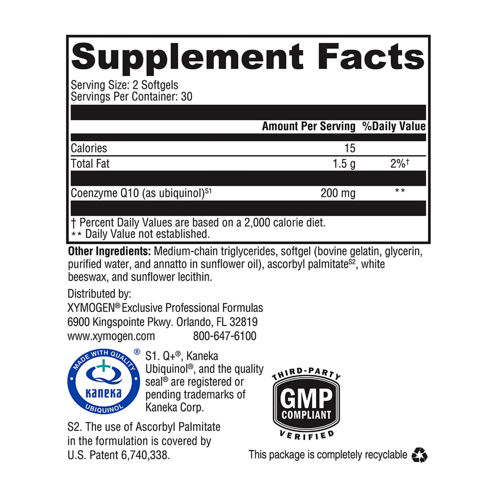 XYMOGEN CoQmax 200mg nutritional panel lists 60 softgels for daily use.