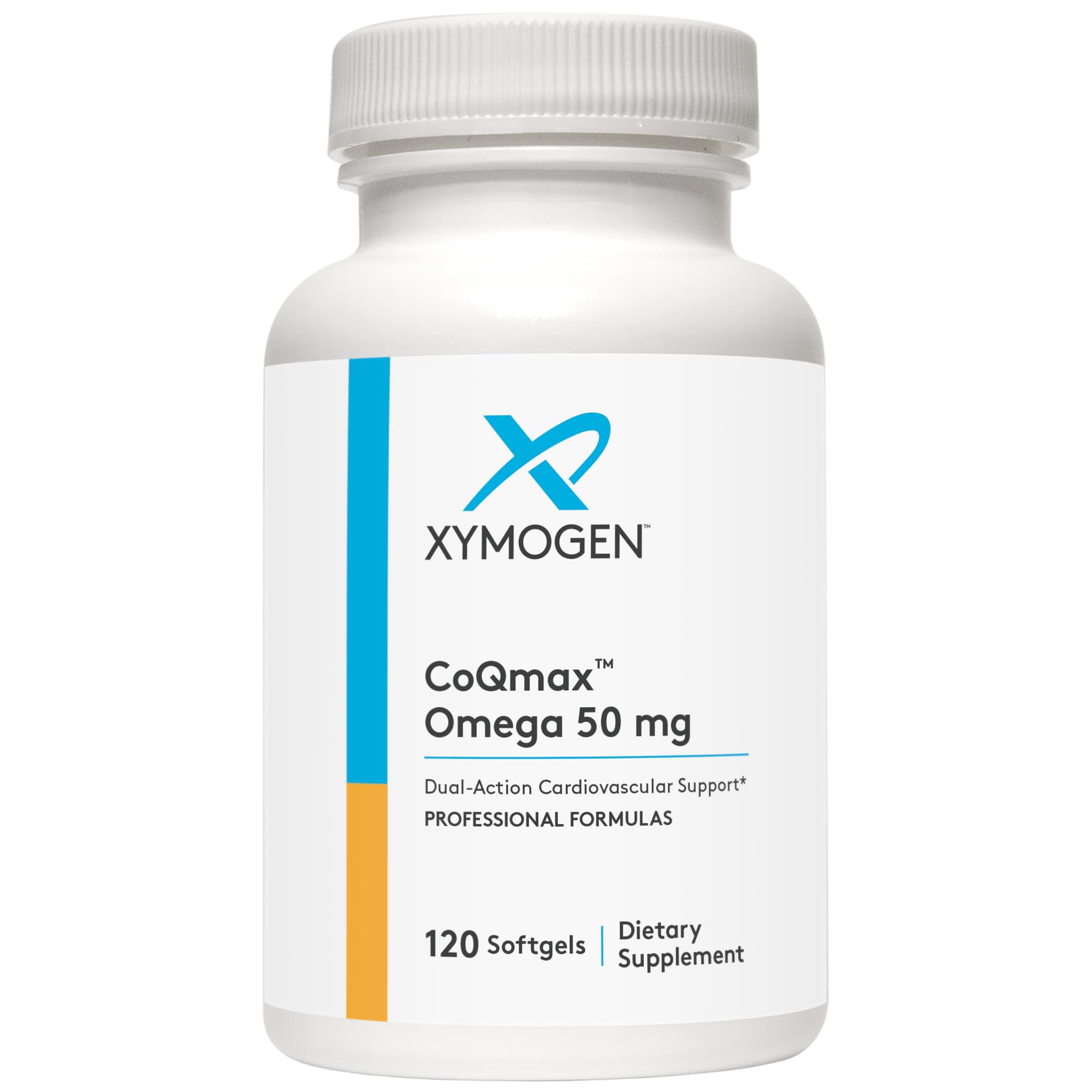 XYMOGEN CoQmax Omega bottle on a clean surface highlighting dual-action heart support