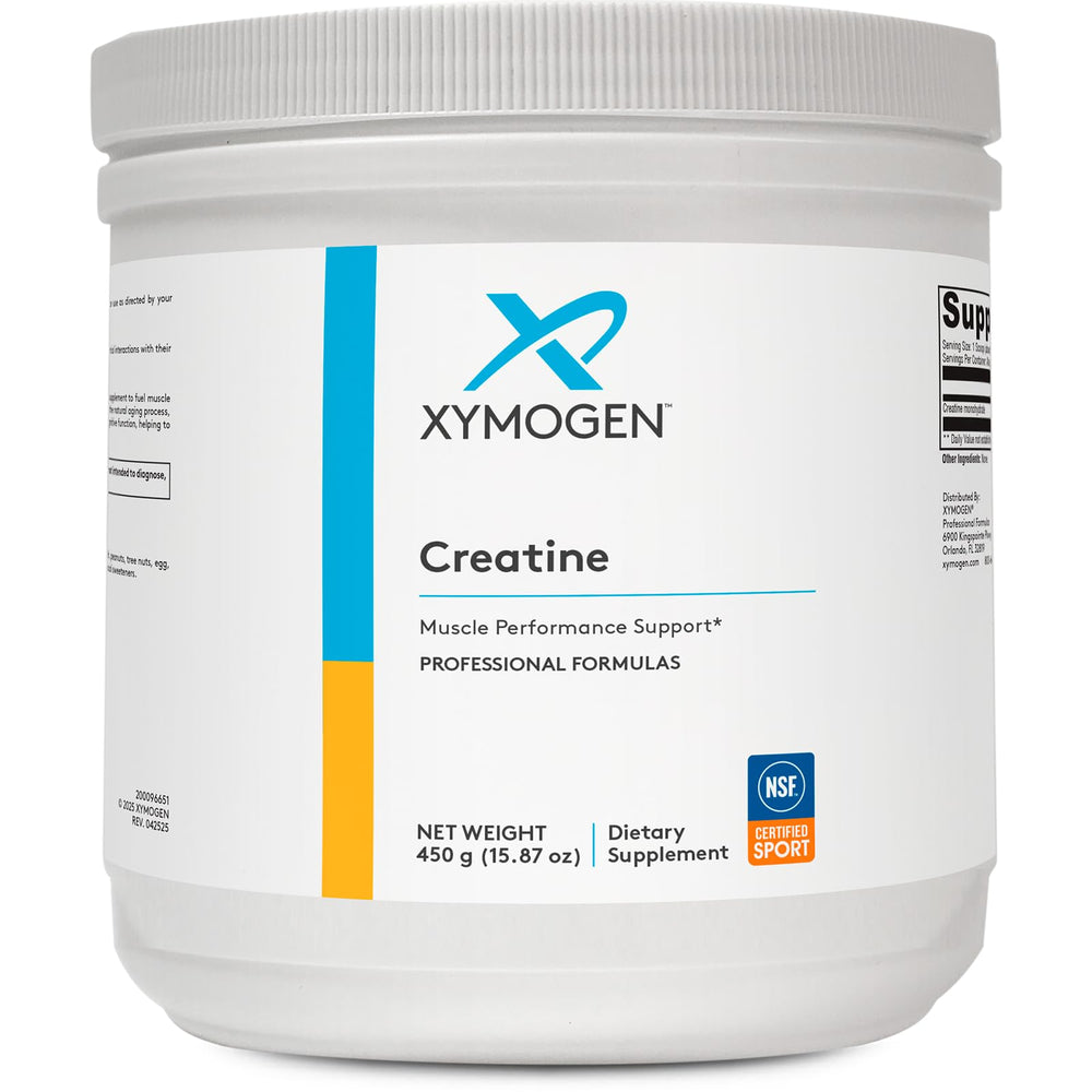 XYMOGEN Creatine powder bottle highlighting energy production during workouts.