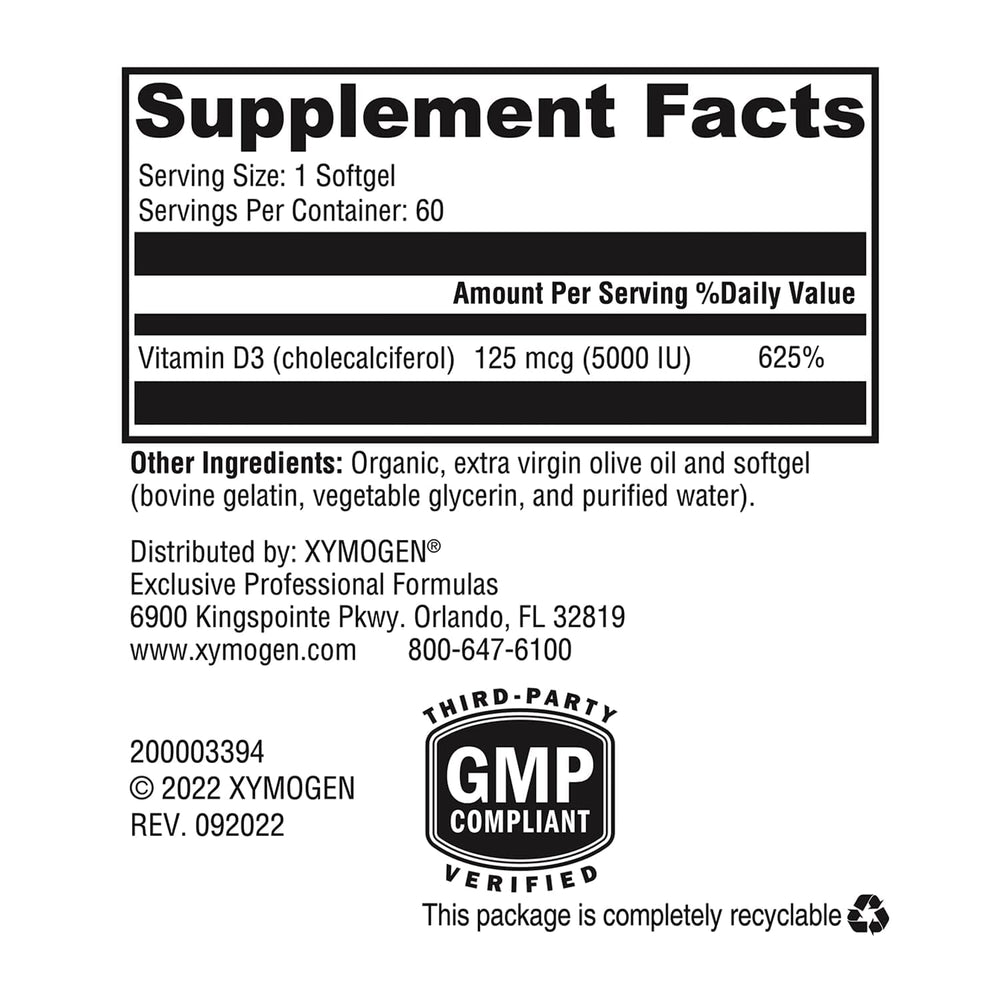 XYMOGEN D3 5000 softgels close-up highlights bioavailable capsules for daily use.