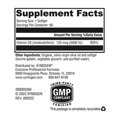 XYMOGEN D3 5000 softgels close-up highlights bioavailable capsules for daily use.