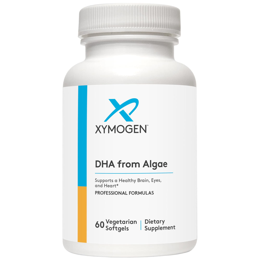 XYMOGEN DHA from Algae softgels bottle showing vegan omega-3 option for daily use