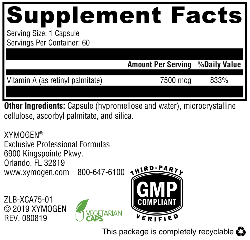 XYMOGEN Xcellent A 7500 capsules illustrating daily skin and mucous membrane support