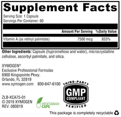 XYMOGEN Xcellent A 7500 capsules illustrating daily skin and mucous membrane support